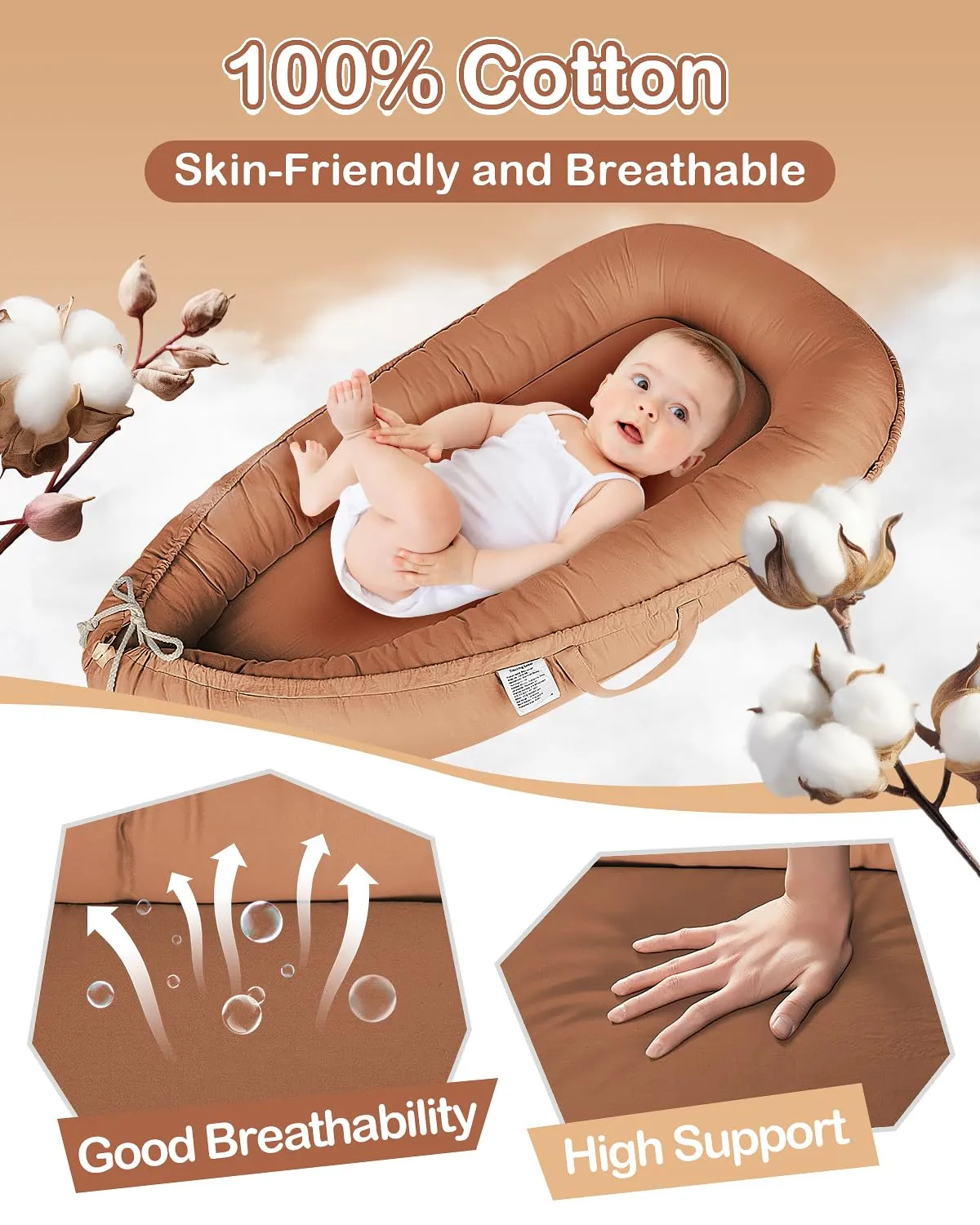 Baby Lounger - Infant Lounger for Newborn 0-24 Months, Pure Cotton Breathable Baby Nest Lounger Cover, Newborn Essentials for Baby Boys & Girls, Portable Baby Lounging for Home and Travel