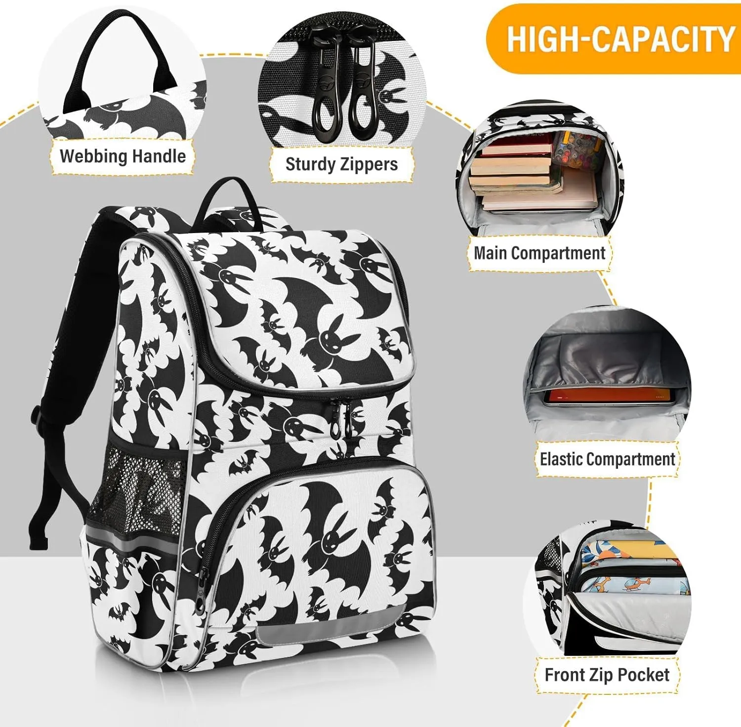 Backpack Bats Halloween School Backpack Travel Hiking Large Capacity Causal Daypack Bookbag Laptop Schoolbag with Reflective Tape for Boys Girls Adults
