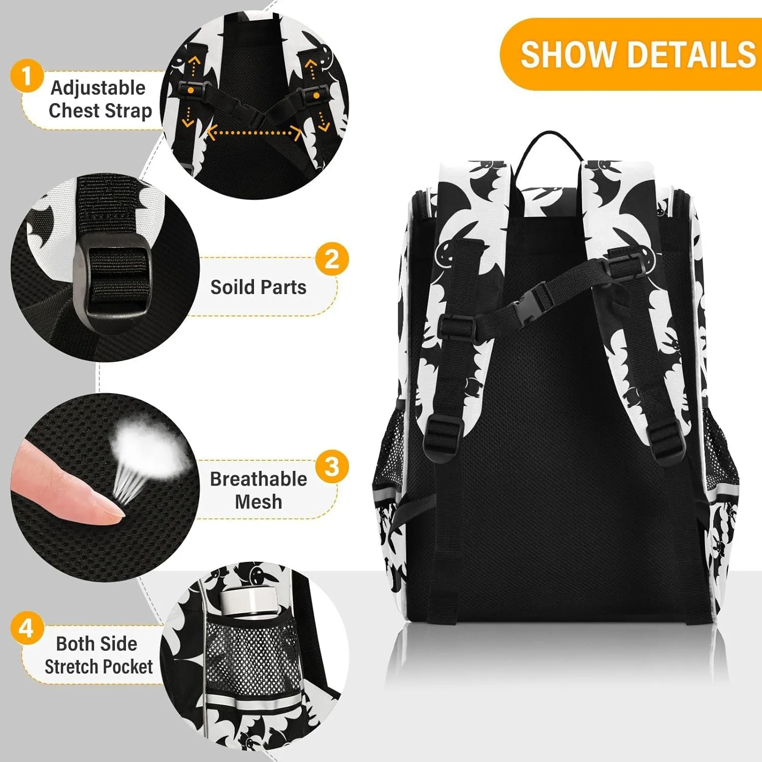 Backpack Bats Halloween School Backpack Travel Hiking Large Capacity Causal Daypack Bookbag Laptop Schoolbag with Reflective Tape for Boys Girls Adults