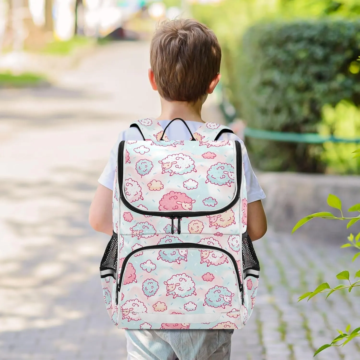 Backpack Cute Sheep and Cotton Candy School Backpack Travel Hiking Large Capacity Causal Daypack Bookbag Laptop Schoolbag with Reflective Tape for Boys Girls Adults