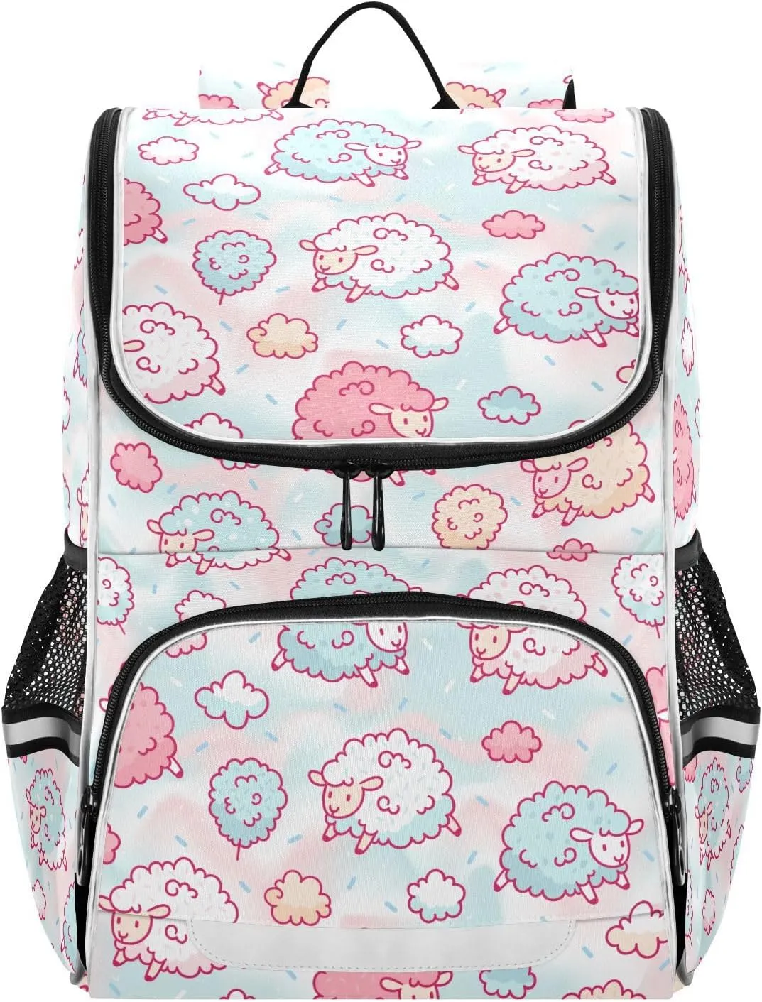 Backpack Cute Sheep and Cotton Candy School Backpack Travel Hiking Large Capacity Causal Daypack Bookbag Laptop Schoolbag with Reflective Tape for Boys Girls Adults
