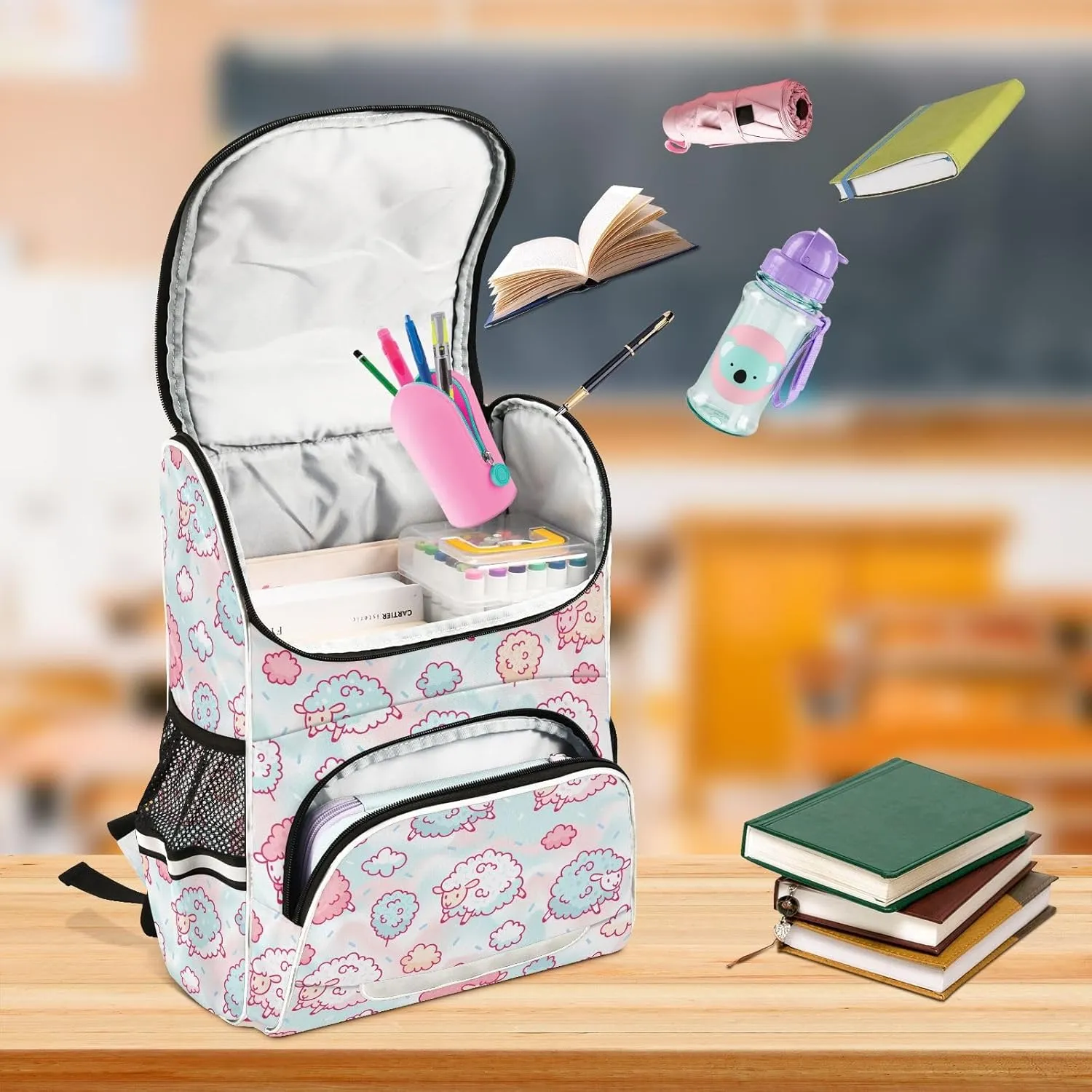 Backpack Cute Sheep and Cotton Candy School Backpack Travel Hiking Large Capacity Causal Daypack Bookbag Laptop Schoolbag with Reflective Tape for Boys Girls Adults