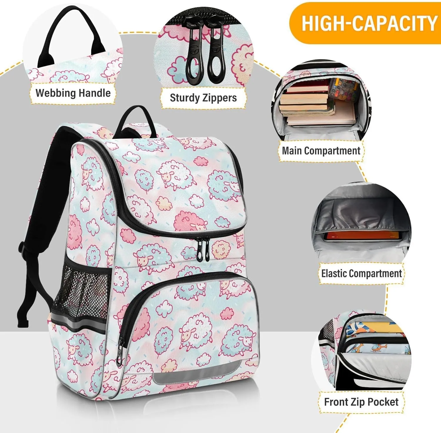 Backpack Cute Sheep and Cotton Candy School Backpack Travel Hiking Large Capacity Causal Daypack Bookbag Laptop Schoolbag with Reflective Tape for Boys Girls Adults