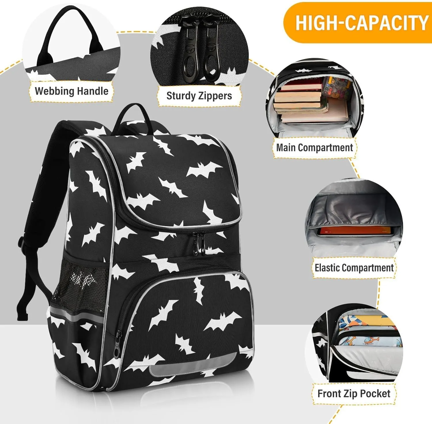 Backpack Halloween Bats School Backpack Travel Hiking Large Capacity Causal Daypack Bookbag Laptop Schoolbag with Reflective Tape for Boys Girls Adults