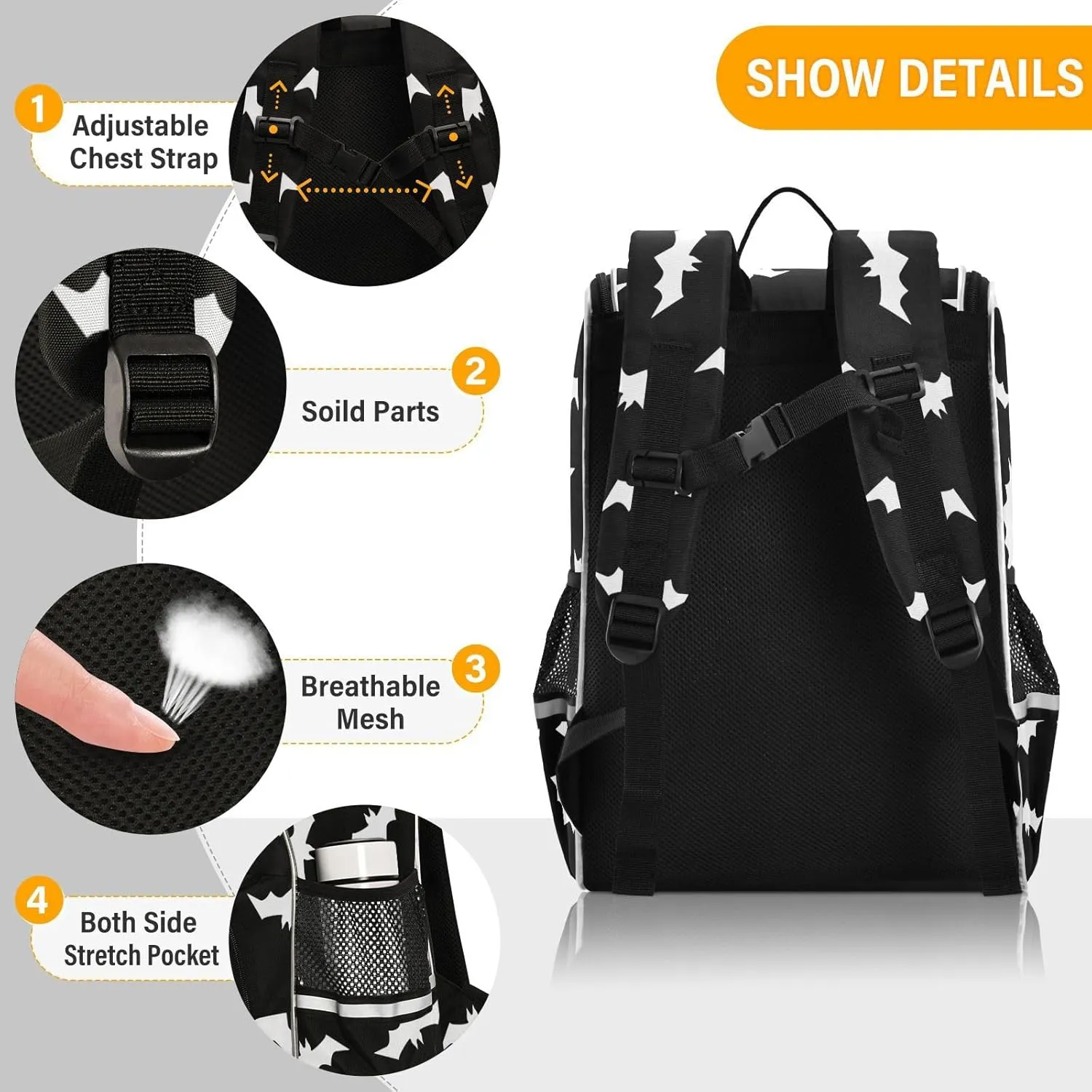 Backpack Halloween Bats School Backpack Travel Hiking Large Capacity Causal Daypack Bookbag Laptop Schoolbag with Reflective Tape for Boys Girls Adults