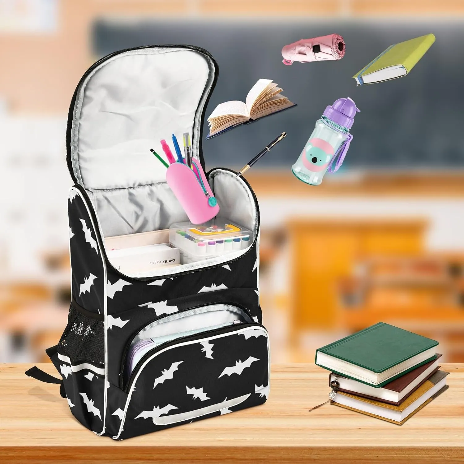 Backpack Halloween Bats School Backpack Travel Hiking Large Capacity Causal Daypack Bookbag Laptop Schoolbag with Reflective Tape for Boys Girls Adults