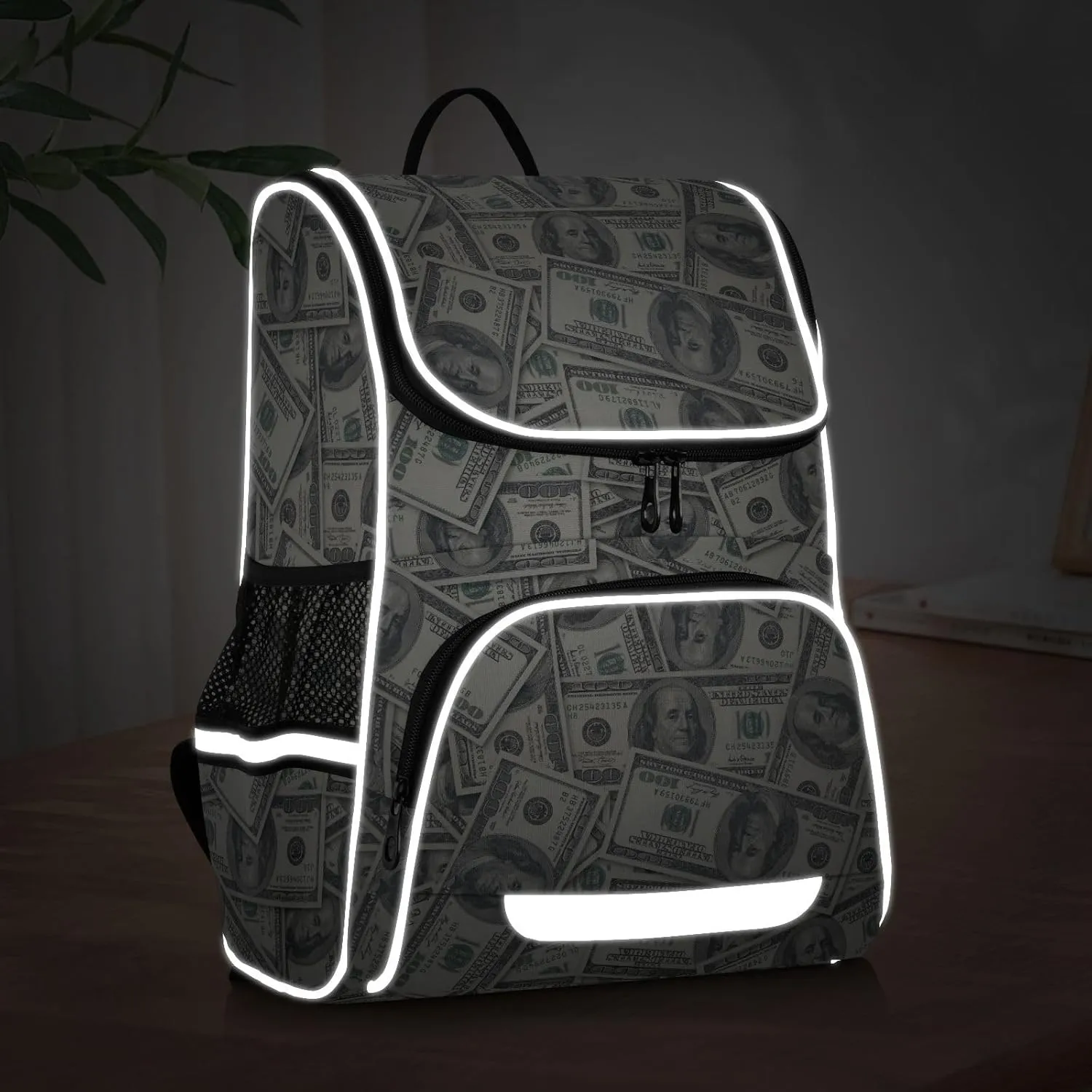 Backpack Money Hundred Dollar Bill School Backpack Travel Hiking Large Capacity Causal Daypack Bookbag Laptop Schoolbag with Reflective Tape for Boys Girls Adults