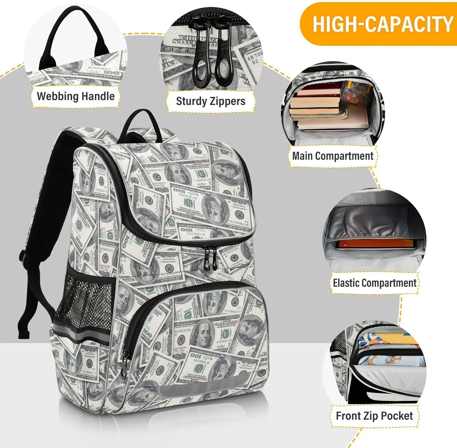 Backpack Money Hundred Dollar Bill School Backpack Travel Hiking Large Capacity Causal Daypack Bookbag Laptop Schoolbag with Reflective Tape for Boys Girls Adults
