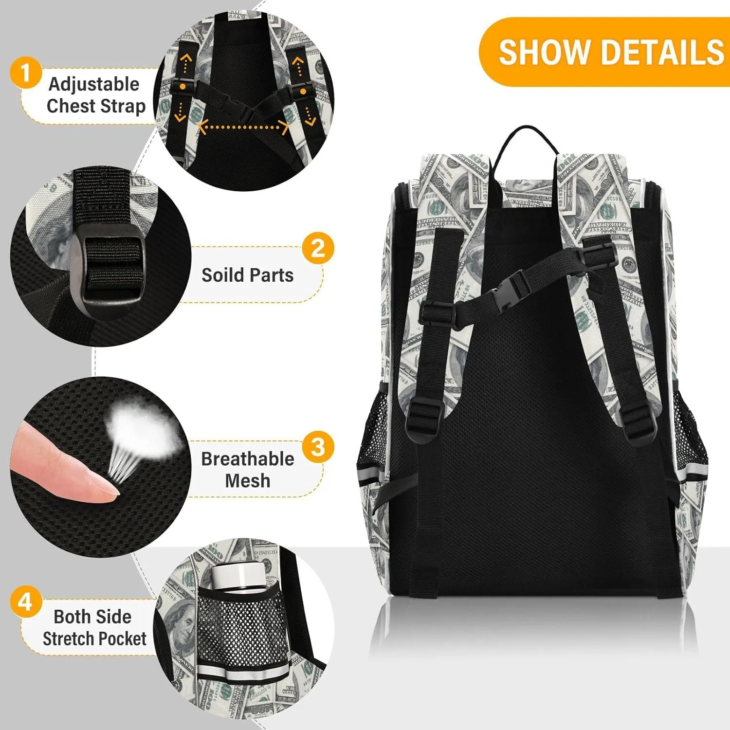 Backpack Money Hundred Dollar Bill School Backpack Travel Hiking Large Capacity Causal Daypack Bookbag Laptop Schoolbag with Reflective Tape for Boys Girls Adults