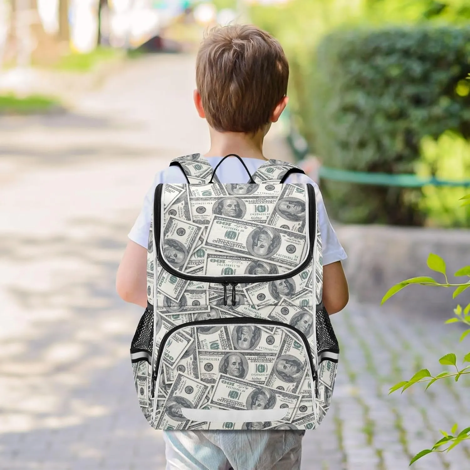 Backpack Money Hundred Dollar Bill School Backpack Travel Hiking Large Capacity Causal Daypack Bookbag Laptop Schoolbag with Reflective Tape for Boys Girls Adults