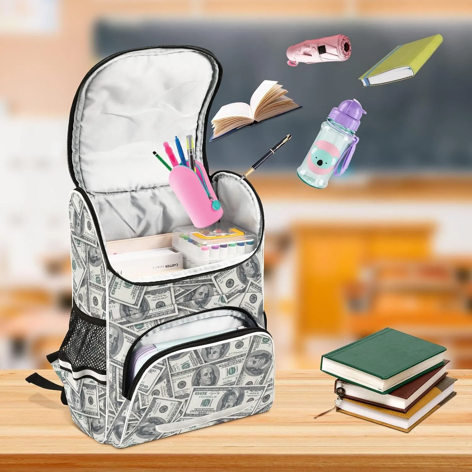 Backpack Money Hundred Dollar Bill School Backpack Travel Hiking Large Capacity Causal Daypack Bookbag Laptop Schoolbag with Reflective Tape for Boys Girls Adults