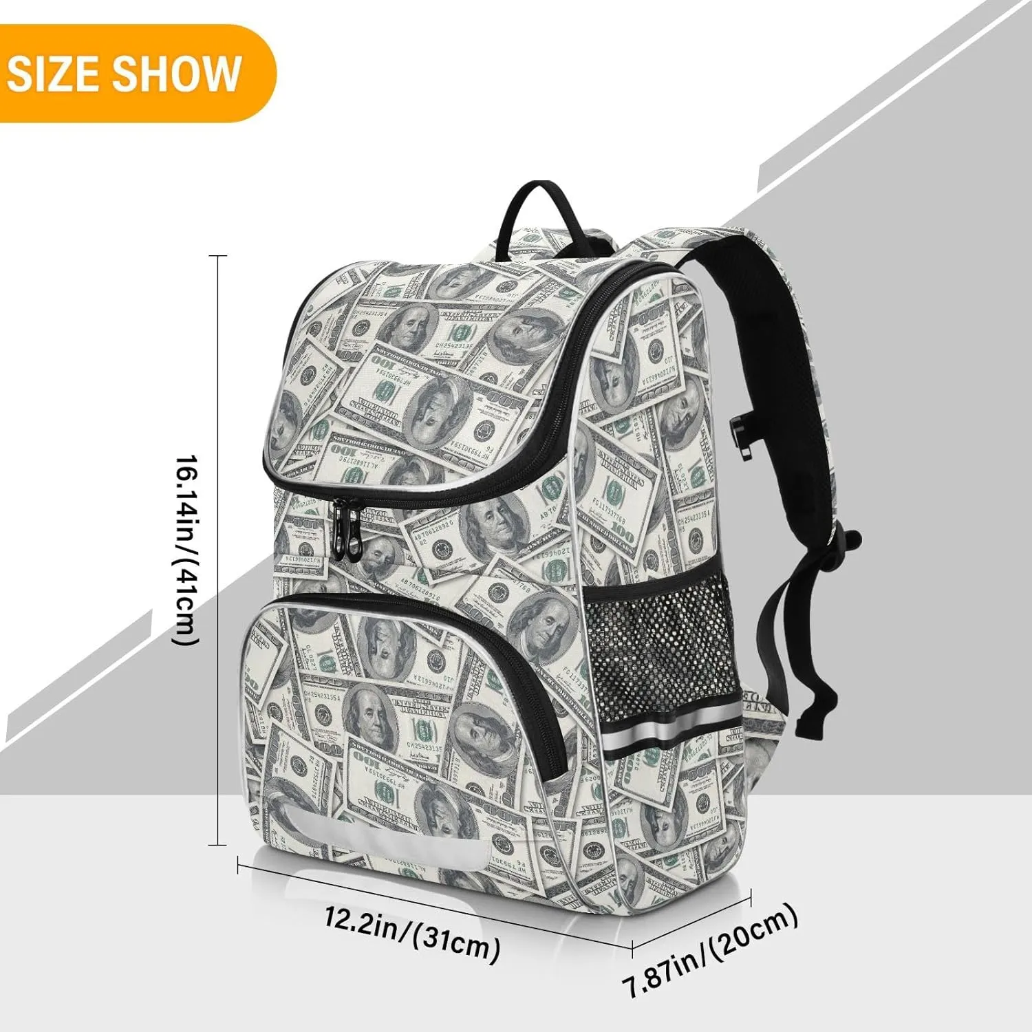 Backpack Money Hundred Dollar Bill School Backpack Travel Hiking Large Capacity Causal Daypack Bookbag Laptop Schoolbag with Reflective Tape for Boys Girls Adults