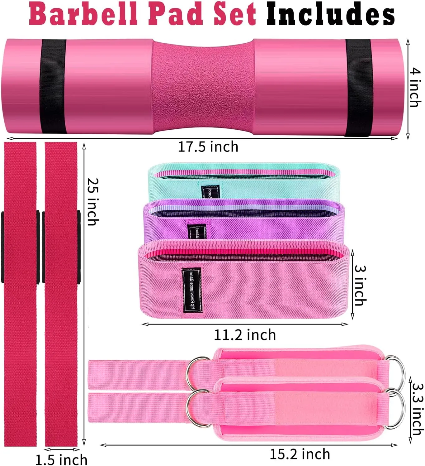 Barbell Pad Set for Squat,10 PCS Hip Thrusts Workout Foam Weight Lifting Bar Cushion with 2 Gym Ankle Straps,3 Hip Resistance Bands,2 Lifting Strap,Barbell Pad and Carry Bag