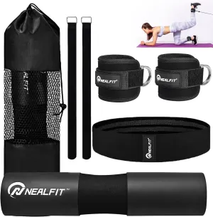 Barbell Pad Set for Squats, Lunges and Hip Thrusts, Neck & Shoulder Protective Pad, Standard Olympic Bars with 2 Gym Ankle Straps, Hip Resistance Band, Barbell Pad, Carry Bag