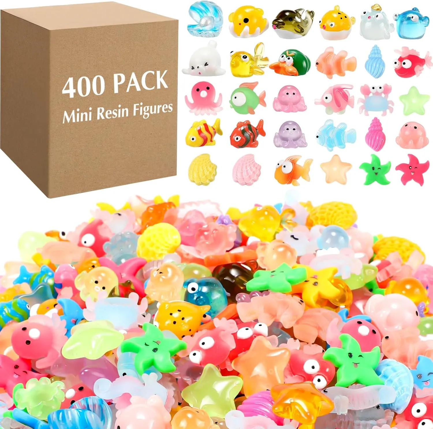 Barydat 400 Pcs Mini Resin Decor Figures Bulk for Pranks Tiny Hide Crafts Luminou Glow in The Dark Starfish Sea Micro Landscape Aquarium Miniature Stuff for Garden Party Favor Gift Decoration