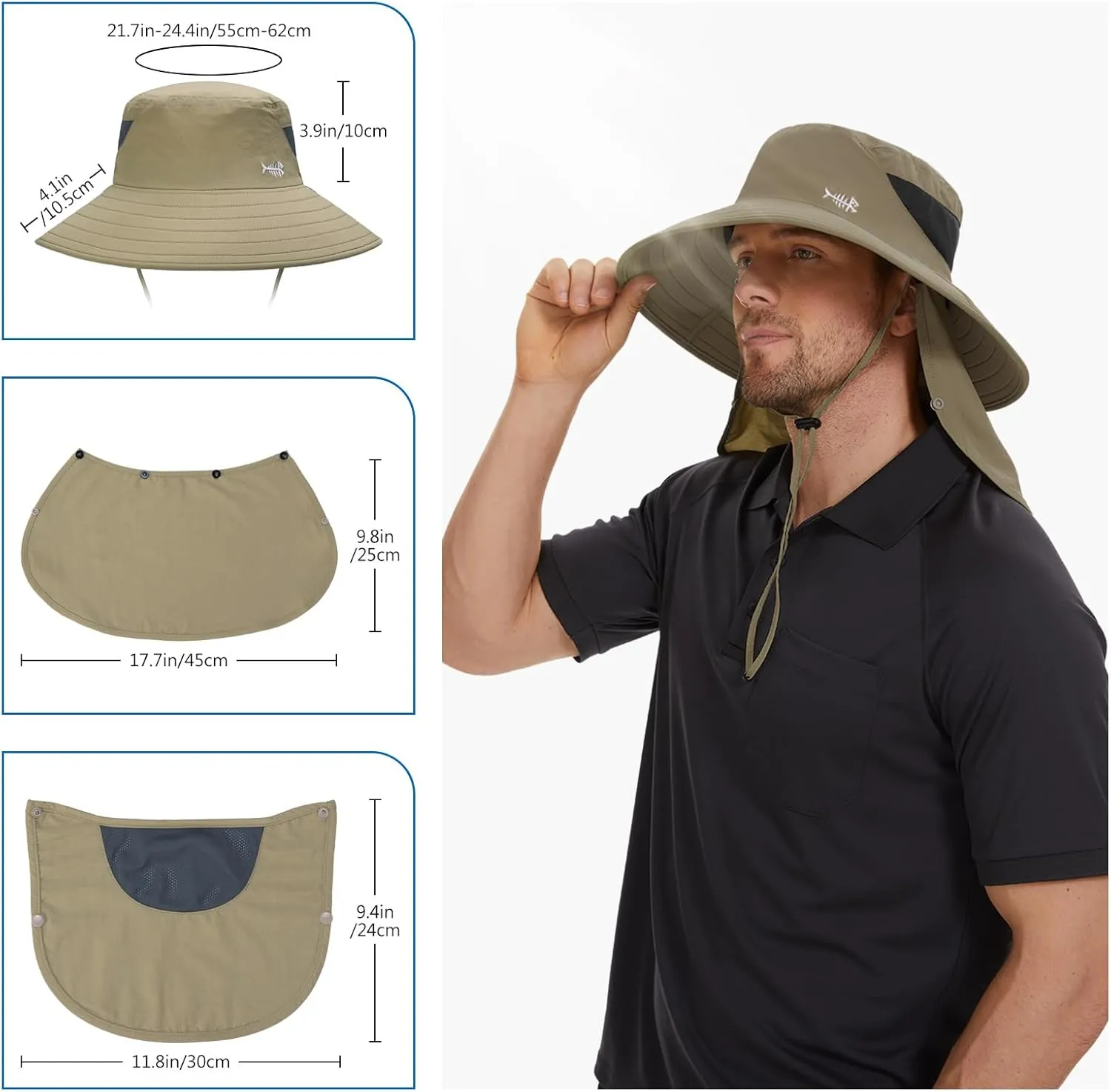 BASSDASH UPF 50  Breathable Sun Hat with Removable Face Cover and Neck Flap Wide Brim Bucket Hat for Fishing Hiking Men Women