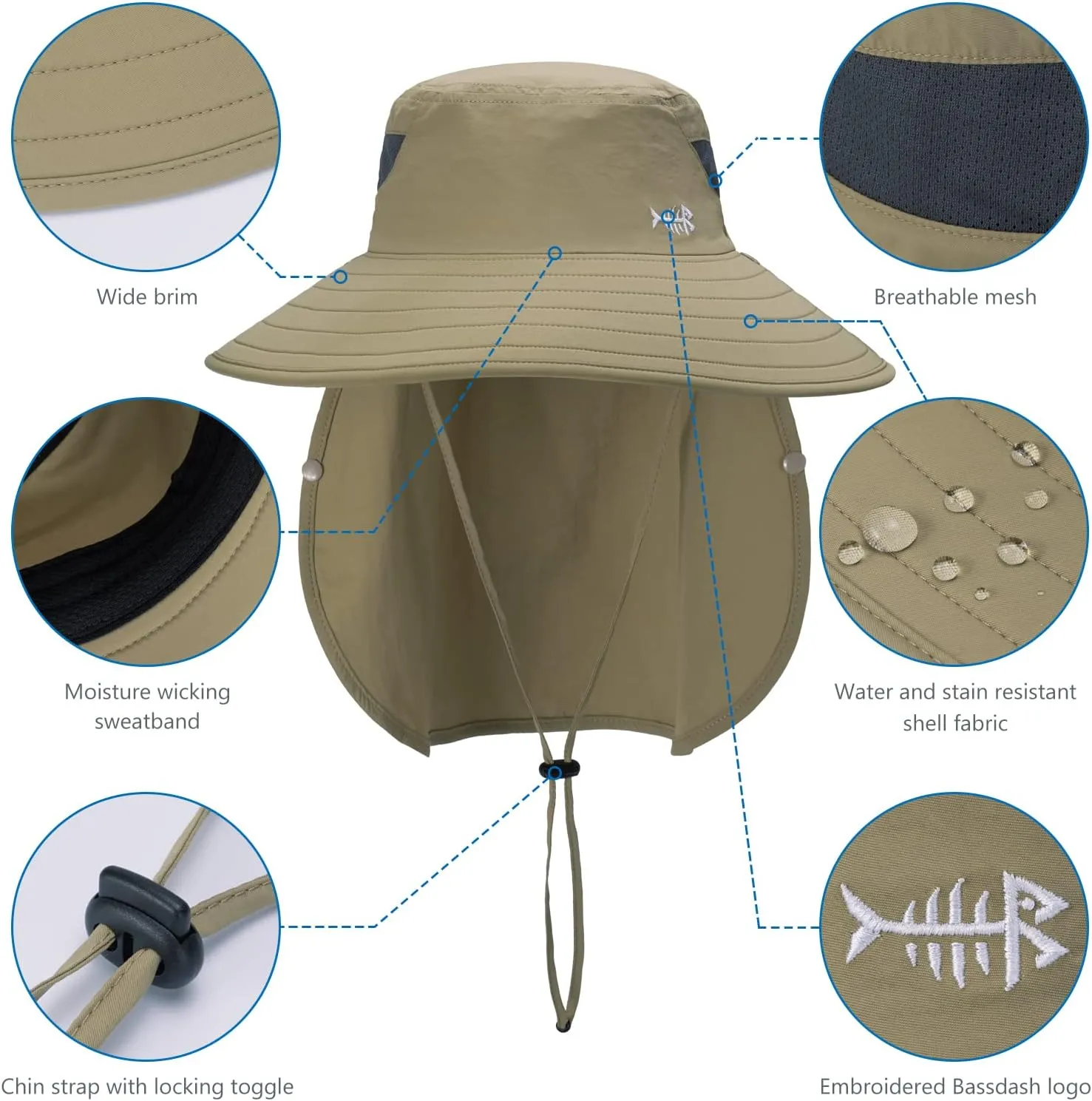 BASSDASH UPF 50  Breathable Sun Hat with Removable Face Cover and Neck Flap Wide Brim Bucket Hat for Fishing Hiking Men Women