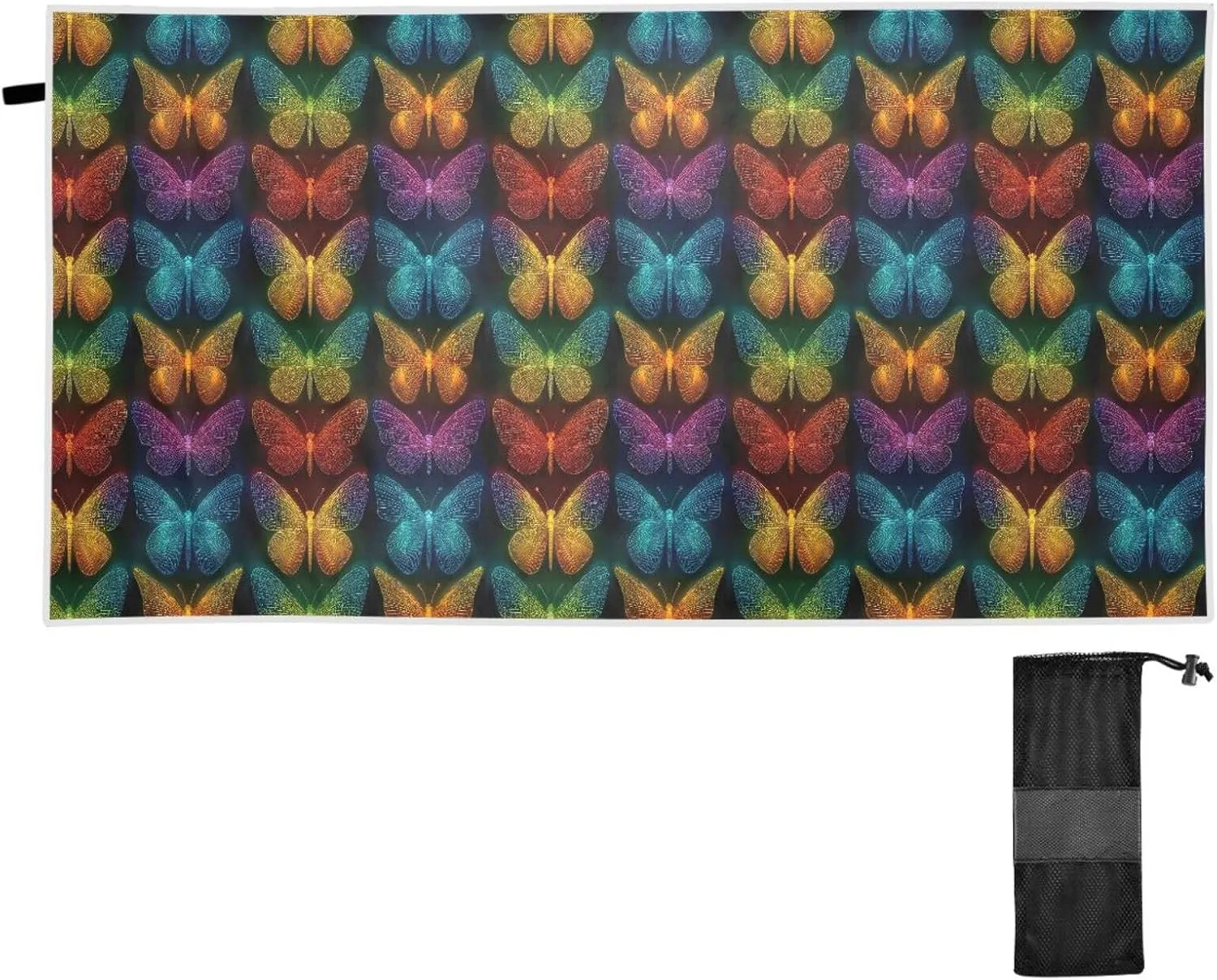 Beach Towel Neon Butterfly Print Oversized Thin 31x71 in Quick Dry Sandproof Beach Blanket with Storage Bag