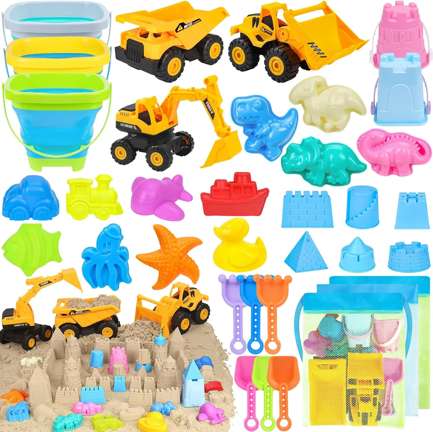Beach Toys, 35Pcs Sand Toys with 3 Construction Vehicles, 3 Collapsible Beach Bucket, Sand Castle Building Kit, Sand Molds, Shovel Set, Mesh Bag, Travel Toys for Toddlers Kids Boys Girls