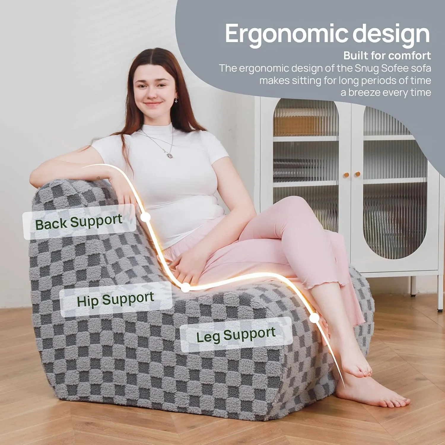 Bean Bag Chair with Footstool, Modern Lazy Sofa Chair, Bean Bag Chair for Adults, Lazy Seat for Living Room, Modern Floor Sofa for Livingroom, Bedroom(Cement Gray)
