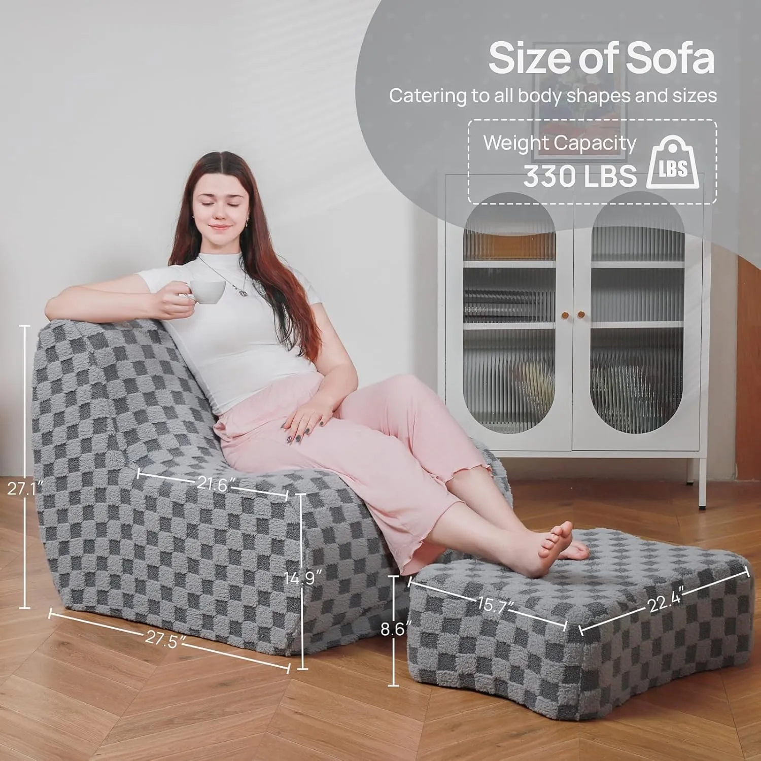 Bean Bag Chair with Footstool, Modern Lazy Sofa Chair, Bean Bag Chair for Adults, Lazy Seat for Living Room, Modern Floor Sofa for Livingroom, Bedroom(Cement Gray)