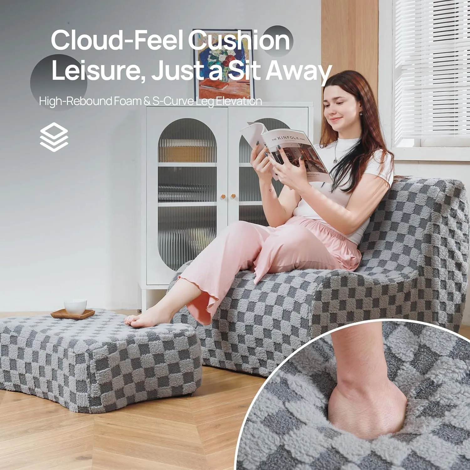 Bean Bag Chair with Footstool, Modern Lazy Sofa Chair, Bean Bag Chair for Adults, Lazy Seat for Living Room, Modern Floor Sofa for Livingroom, Bedroom(Cement Gray)