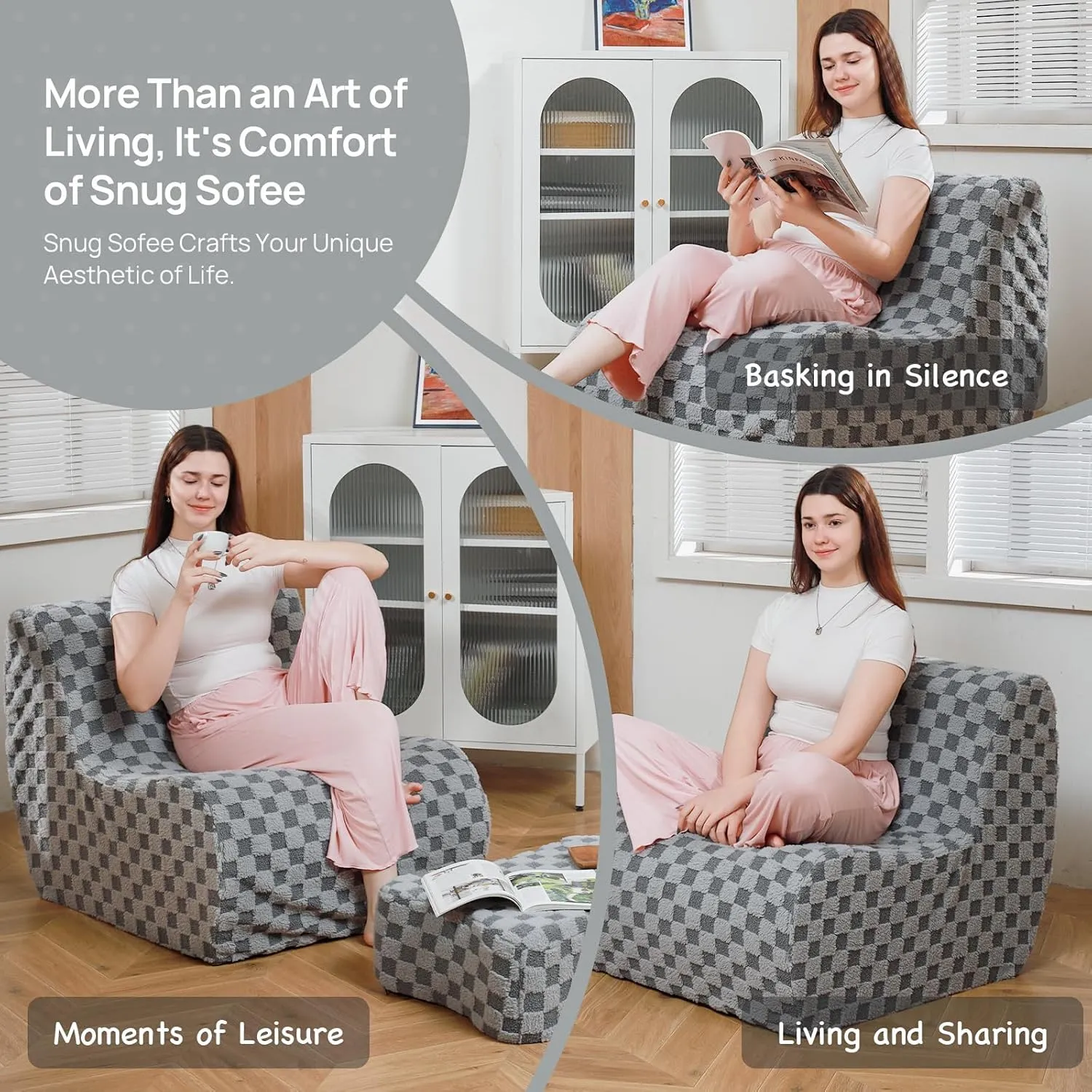 Bean Bag Chair with Footstool, Modern Lazy Sofa Chair, Bean Bag Chair for Adults, Lazy Seat for Living Room, Modern Floor Sofa for Livingroom, Bedroom(Cement Gray)
