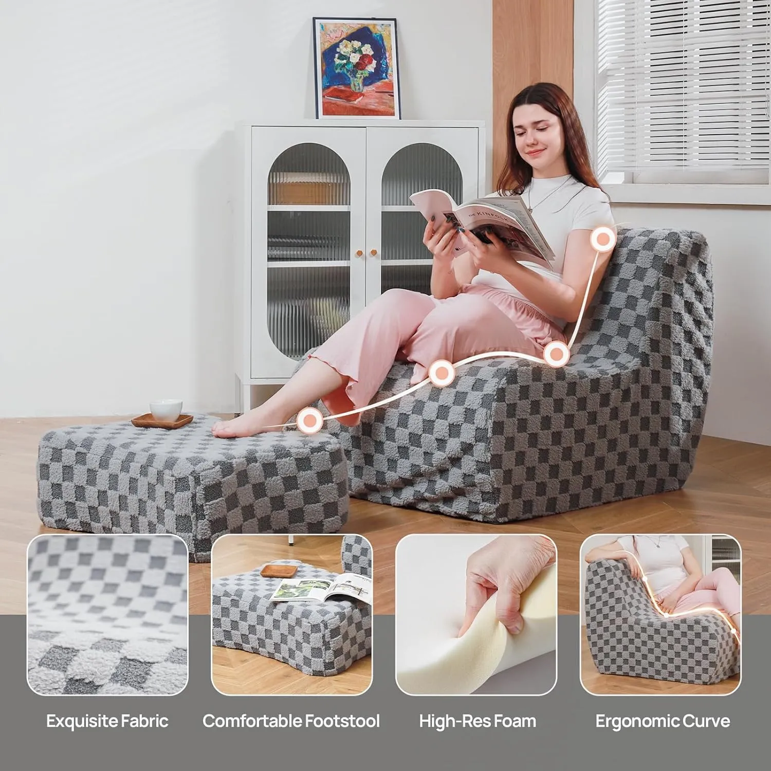 Bean Bag Chair with Footstool, Modern Lazy Sofa Chair, Bean Bag Chair for Adults, Lazy Seat for Living Room, Modern Floor Sofa for Livingroom, Bedroom(Cement Gray)
