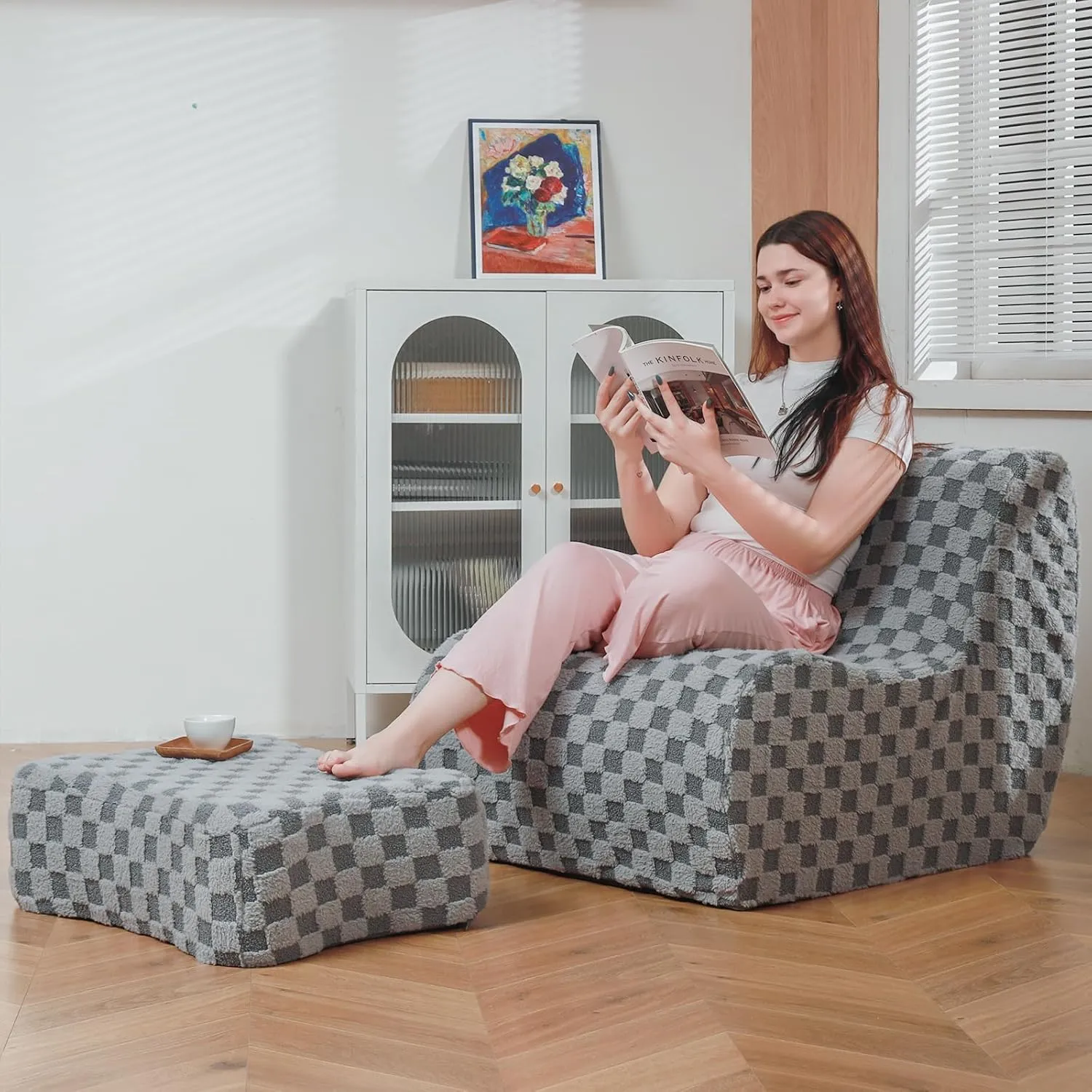 Bean Bag Chair with Footstool, Modern Lazy Sofa Chair, Bean Bag Chair for Adults, Lazy Seat for Living Room, Modern Floor Sofa for Livingroom, Bedroom(Cement Gray)