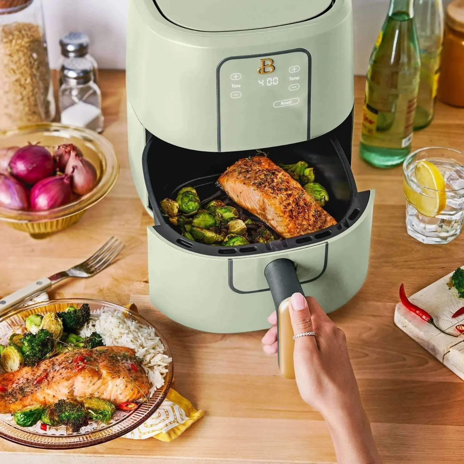 Beautiful Drew Barrymore 3-Quart Digital Air Fryer, TurboCrisp Technology, 4 Presets, 170°F-400°F, Non-Stick, Dishwasher Safe, 1200 Watt. (Sage Green)