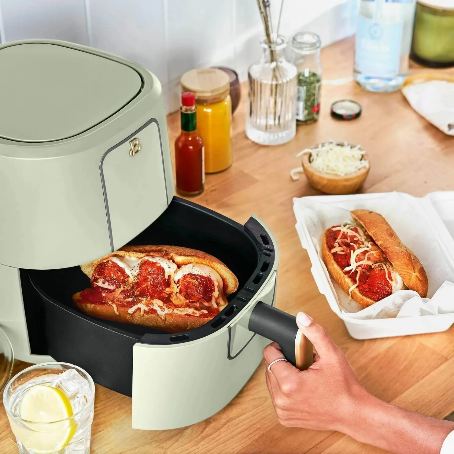 Beautiful Drew Barrymore 3-Quart Digital Air Fryer, TurboCrisp Technology, 4 Presets, 170°F-400°F, Non-Stick, Dishwasher Safe, 1200 Watt. (Sage Green)