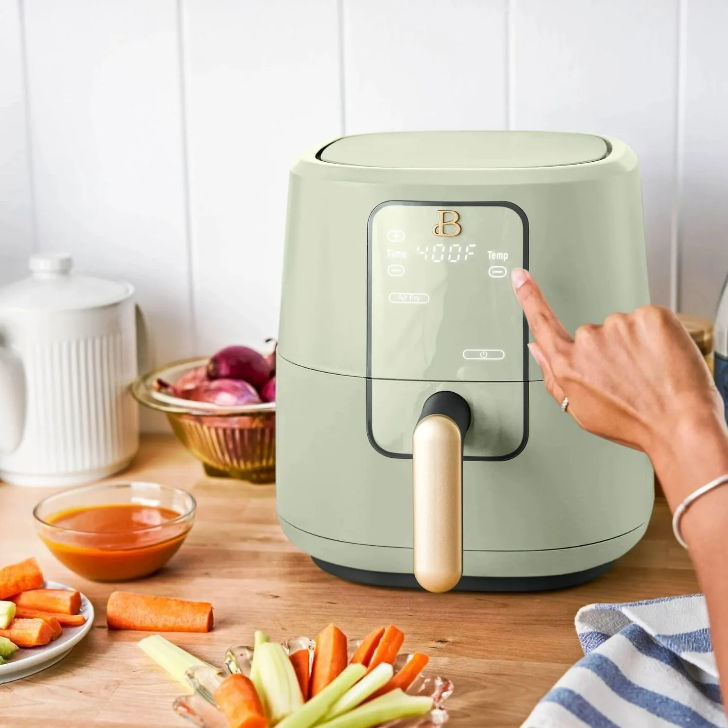 Beautiful Drew Barrymore 3-Quart Digital Air Fryer, TurboCrisp Technology, 4 Presets, 170°F-400°F, Non-Stick, Dishwasher Safe, 1200 Watt. (Sage Green)