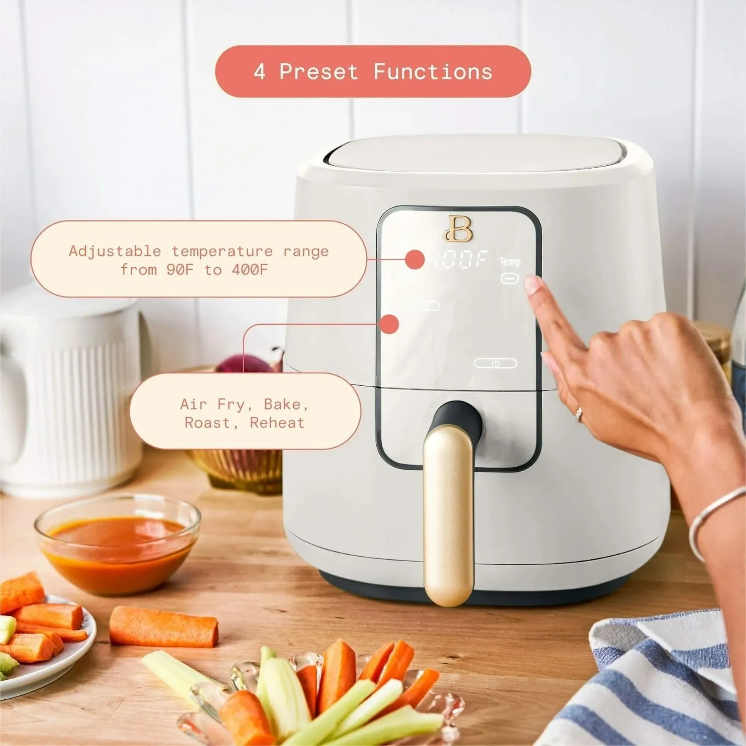 Beautiful Drew Barrymore 3-Quart Digital Air Fryer, TurboCrisp Technology, 4 Presets, 170°F-400°F, Non-Stick, Dishwasher Safe, 1200 Watt. (White Icing)