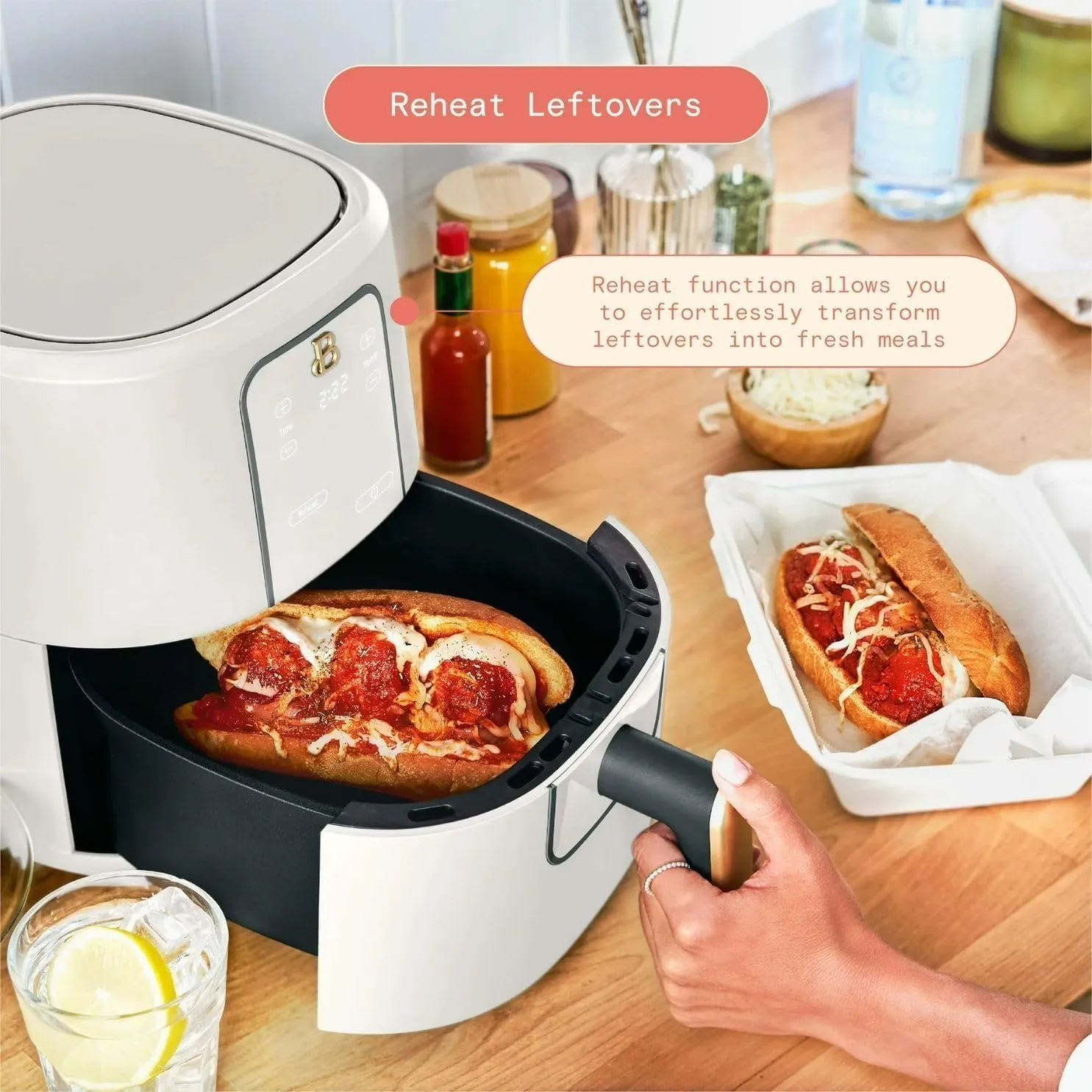 Beautiful Drew Barrymore 3-Quart Digital Air Fryer, TurboCrisp Technology, 4 Presets, 170°F-400°F, Non-Stick, Dishwasher Safe, 1200 Watt. (White Icing)