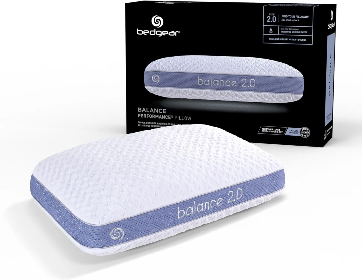 Bedgear Balance Performance Pillow – 2.0 - Moisture Wicking Bed Pillow for All Sleep Positions - Medium Firmness Bed Pillow - Washable Removable Cover – 20" W x 26" L x 5.75" H