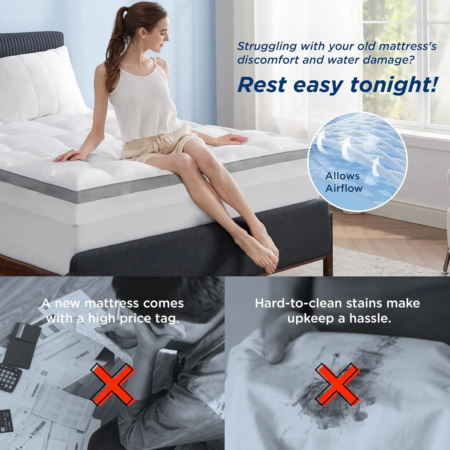 Bedsure 4 Inch Memory Foam Queen Mattress Topper, Dual Layer 2.5 Inch Gel Memory Foam & 800 GSM Waterproof Pillow Top Cooling Mattress Pad with 8-21 Inch Deep Pocket (Queen, 60x80 Inches)
