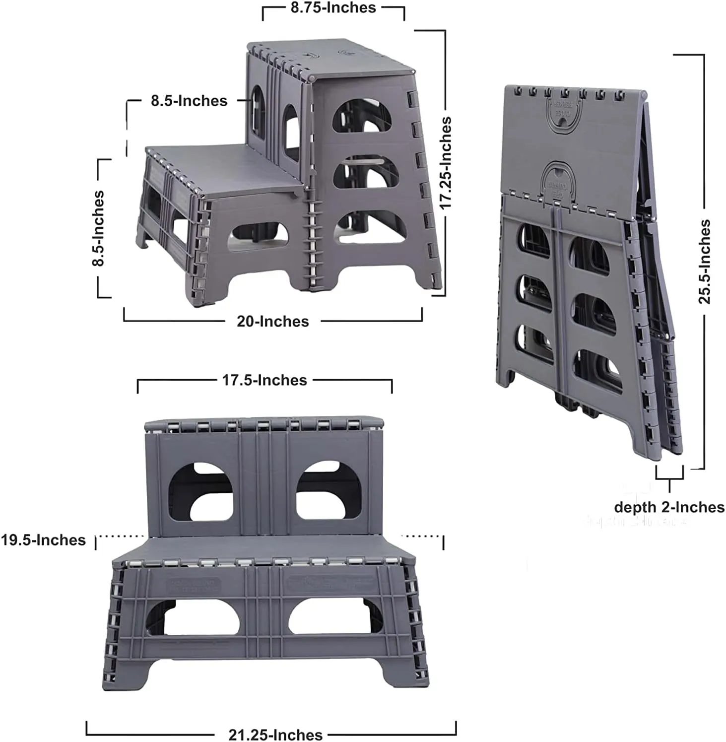 Bee Neat Folding 2 Step Stool for Adults - Collapsible & Foldable Step Ladder for Office, Garage, Closet, Bathroom - Non-Slip & Wide Stepping Stool Supports 300lbs - Industrial - Gray