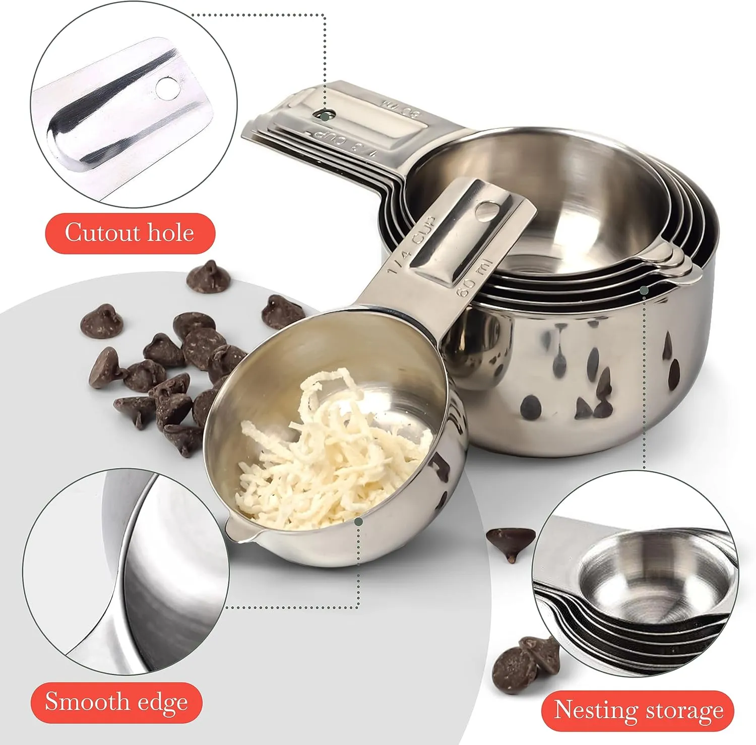Bellemain One Piece Stainless Steel - Nesting measuring cups for Kitchen for Bakers, Dry - Ml & Oz measuring cup for Liquid, Metal, Set of 6