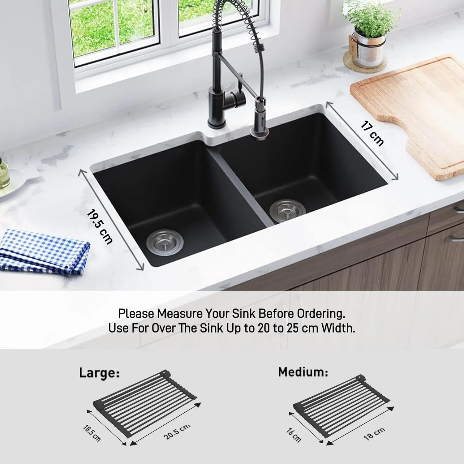 Bellemain Over Sink Drying Rack - Collapsible Space Saving Roll Up Sink Rack, Over The Sink Dish Drying Rack for Kitchen Sink - Foldable Stainless Steel & Silicone Dish Drainer, (Black, Medium)