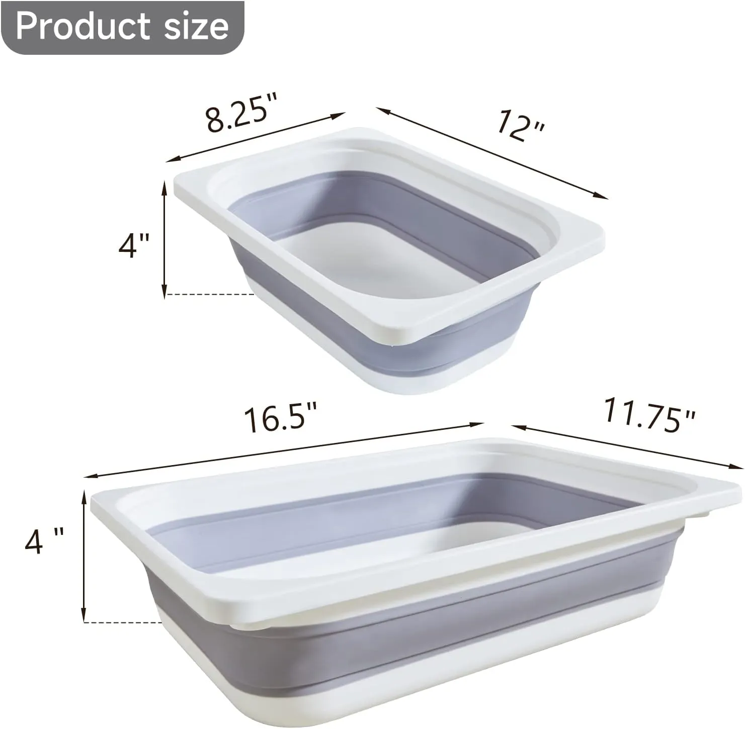 Beright 2 Pack Storage Bins, Collapsible Wash Basin Folding Dish Tub Sink, Space Saving for Dishing, Fruit, and Camping, Hiking and Home, Grey, 2 in 1 Set
