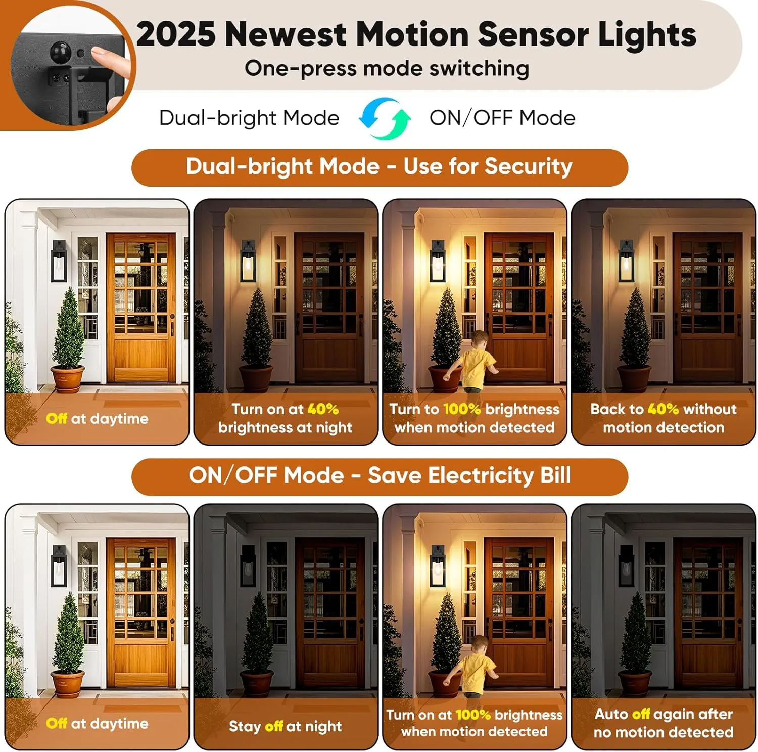 BesLowe 14” Upgraded Motion Sensor Outdoor Wall Lights, Dusk to Dawn Porch Lights Outdoor Wall Sconces, 3 Lighting Modes Exterior Lighting Fixtures with Hooks, Black Outside Lights for House, 2-Pack