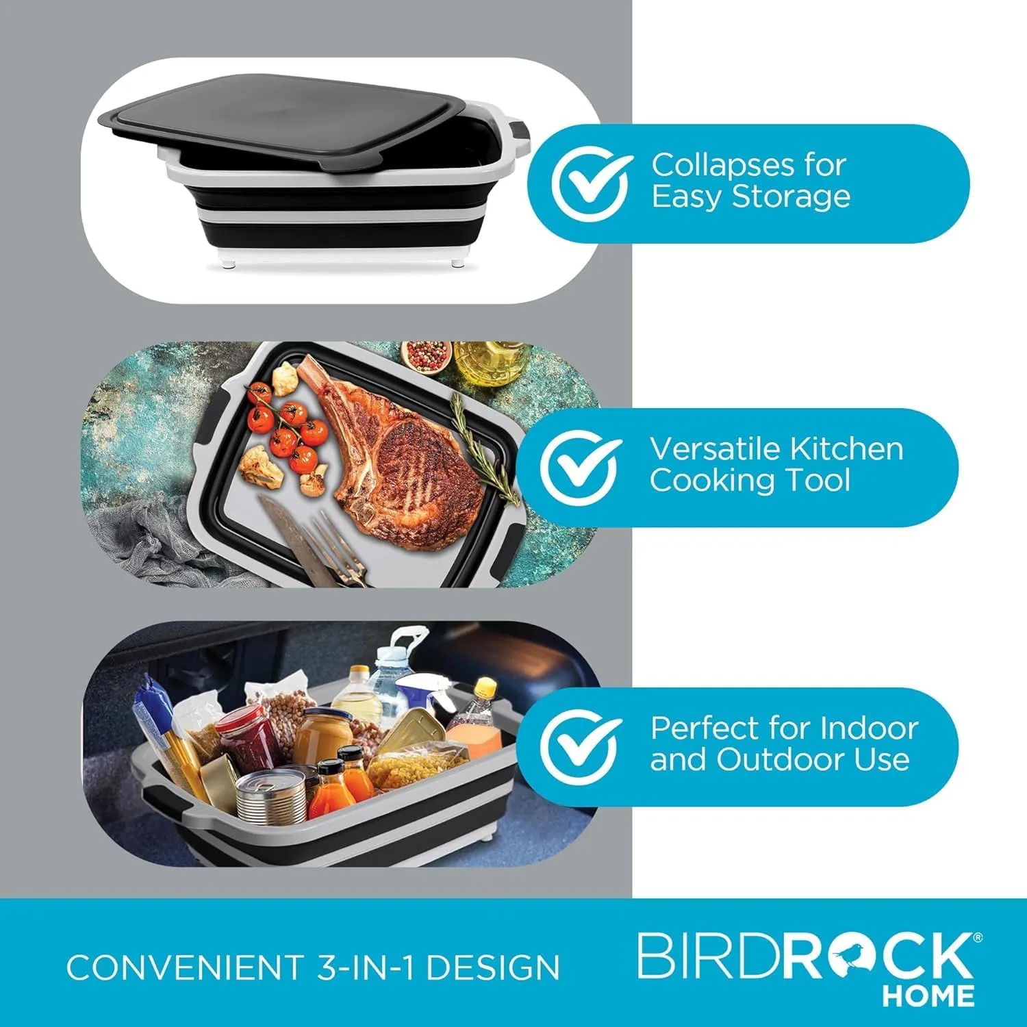 BIRDROCK HOME 2-pack Collapsible BBQ Prep Tub w/Cutting Board, Multi-Function Grill Caddy w/Colander & Lid, Portable Silicone Dish Bowl for Picnic, Tailgate, Camping (Black, X-Large)