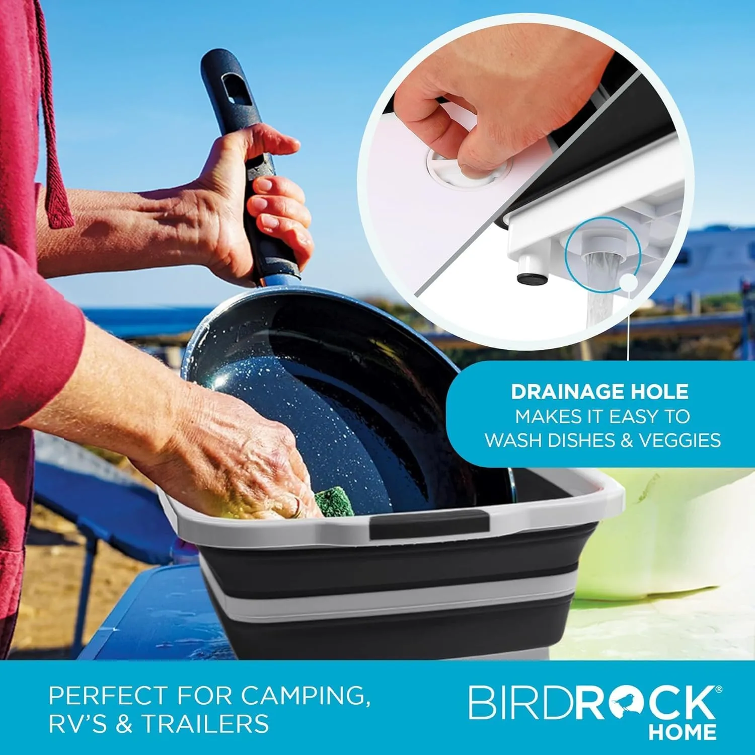 BIRDROCK HOME 2-pack Collapsible BBQ Prep Tub w/Cutting Board, Multi-Function Grill Caddy w/Colander & Lid, Portable Silicone Dish Bowl for Picnic, Tailgate, Camping (Black, X-Large)