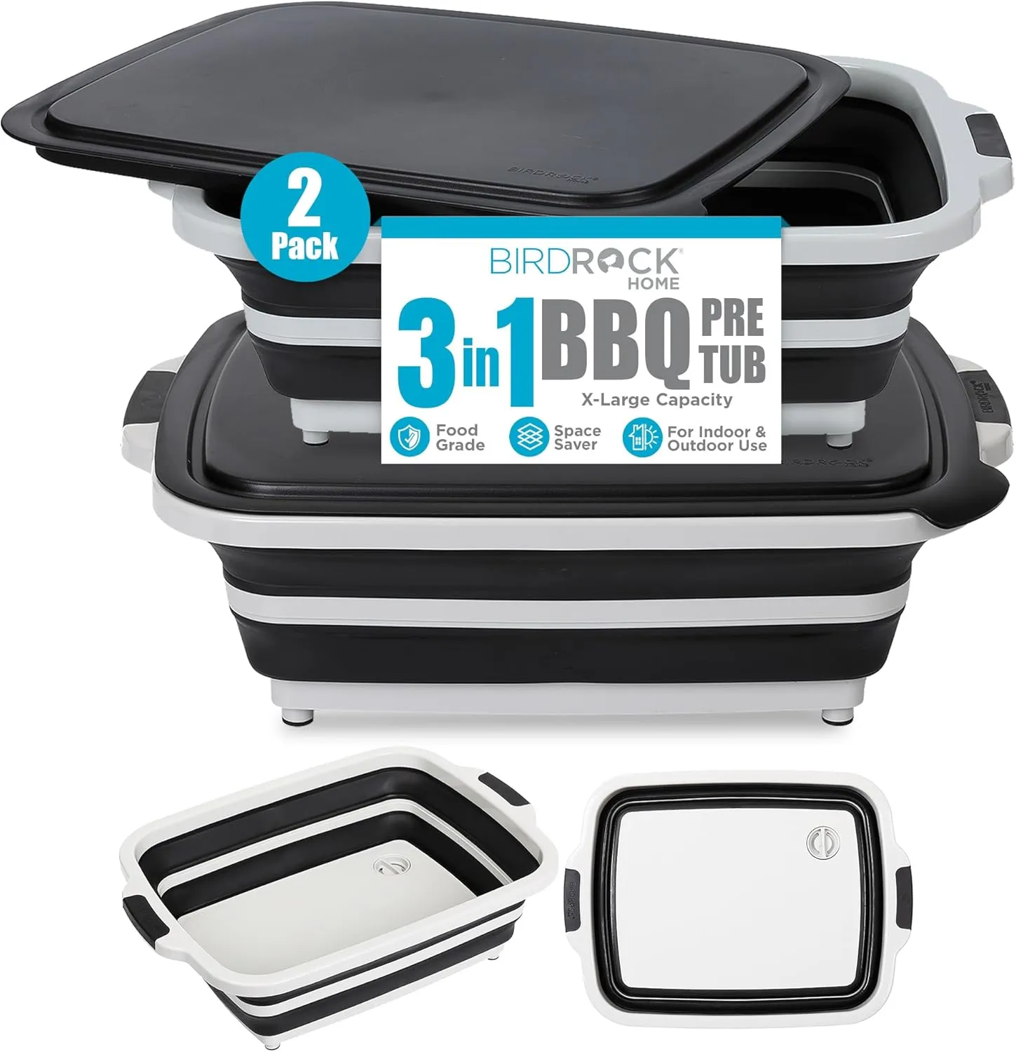 BIRDROCK HOME 2-pack Collapsible BBQ Prep Tub w/Cutting Board, Multi-Function Grill Caddy w/Colander & Lid, Portable Silicone Dish Bowl for Picnic, Tailgate, Camping (Black, X-Large)