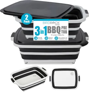 BIRDROCK HOME 2-pack Collapsible BBQ Prep Tub w/Cutting Board, Multi-Function Grill Caddy w/Colander & Lid, Portable Silicone Dish Bowl for Picnic, Tailgate, Camping (Black, X-Large)