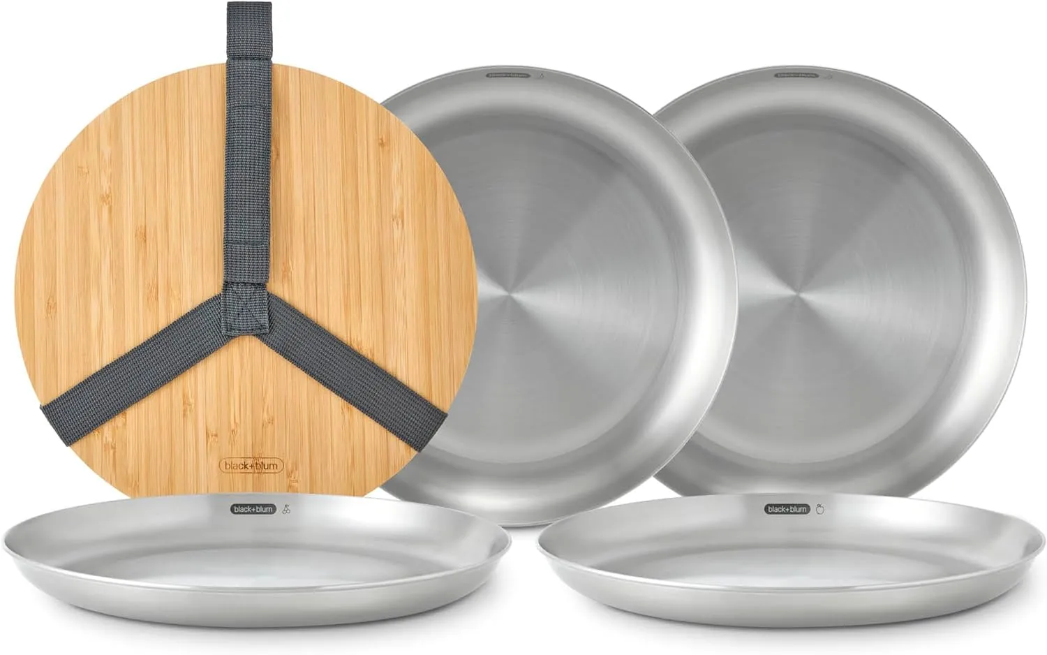 BLACK   BLUM Picnic Plate Set of 4 - Stainless Steel Plates with a Bamboo Chopping Board Lid and Carry Strap