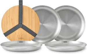 BLACK   BLUM Picnic Plate Set of 4 - Stainless Steel Plates with a Bamboo Chopping Board Lid and Carry Strap
