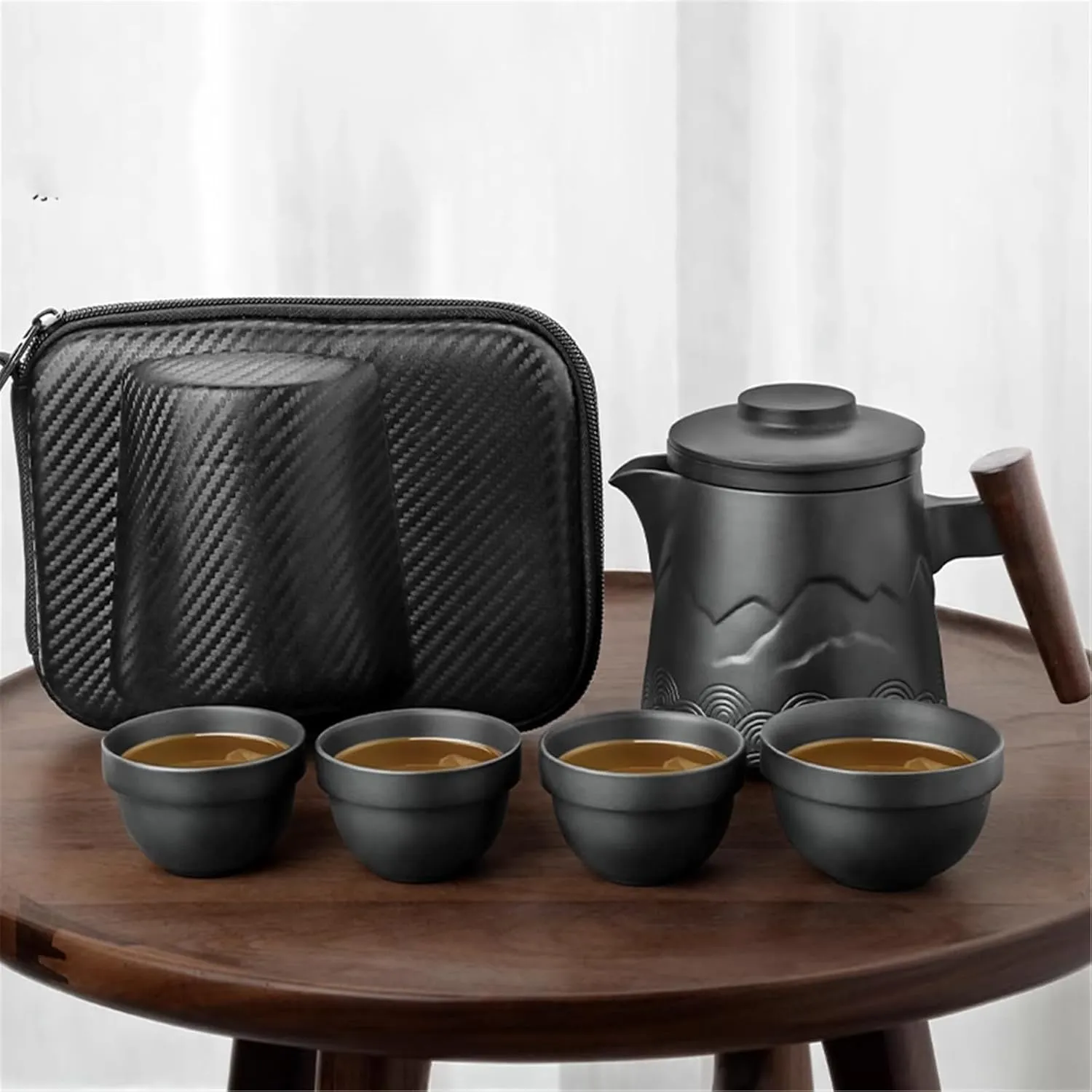 Black Clay Travel Tea Set, Portable 1 Teapot 4 Cups with Carry Bag-set1