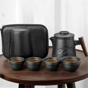 Black Clay Travel Tea Set, Portable 1 Teapot 4 Cups with Carry Bag-set1