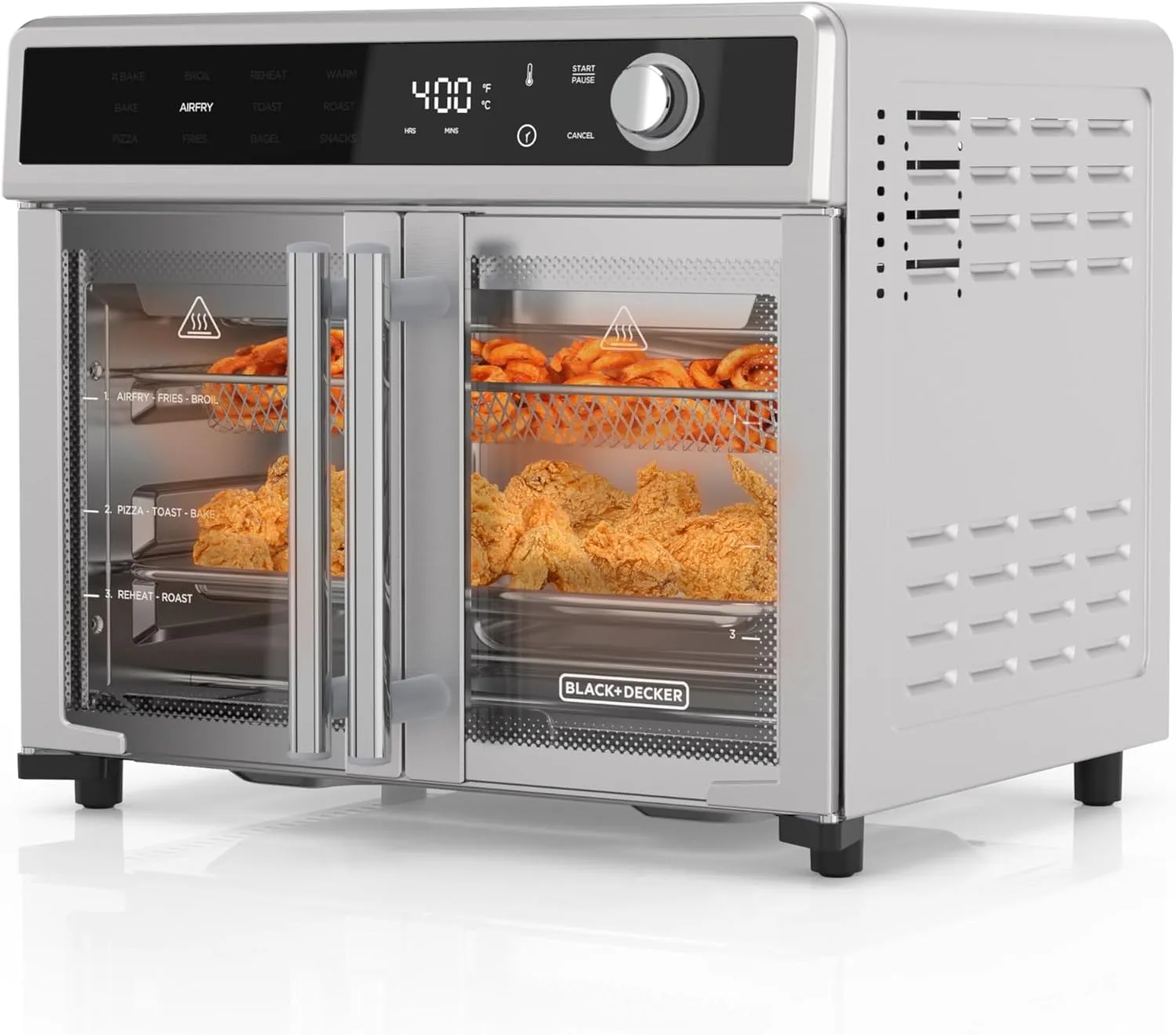 BLACK DECKER Crisp 'N Bake Air Fryer Toaster Oven Combo, 12 in 1 Countertop Convection Oven Cooks Food Fast, Fits a Whole Pizza or 6 Toast Slices, French Doors with Stainless Steel Finish